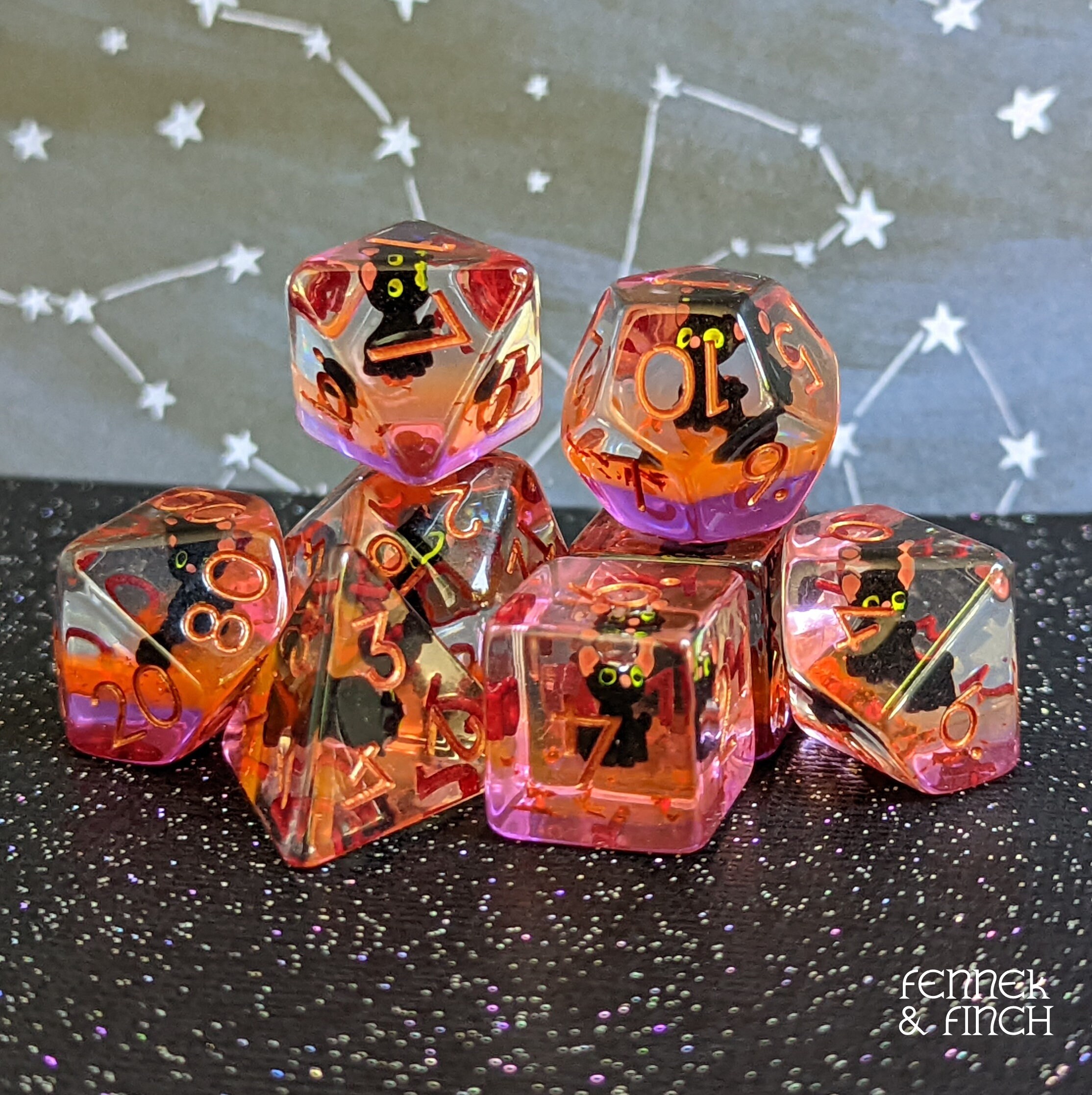 Black Cat DnD Dice Set, Polyhedral dice, D&D dice, Dungeons and Dragons, Table Top Role Playing. wizard, witch, familiar, kitty, kitten