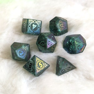 Summoner- Frosted Green Glass with Geometric Rainbow Design DnD Dice Set, Polyhedral dice, Dungeons and Dragons, Table Top Role Playing.