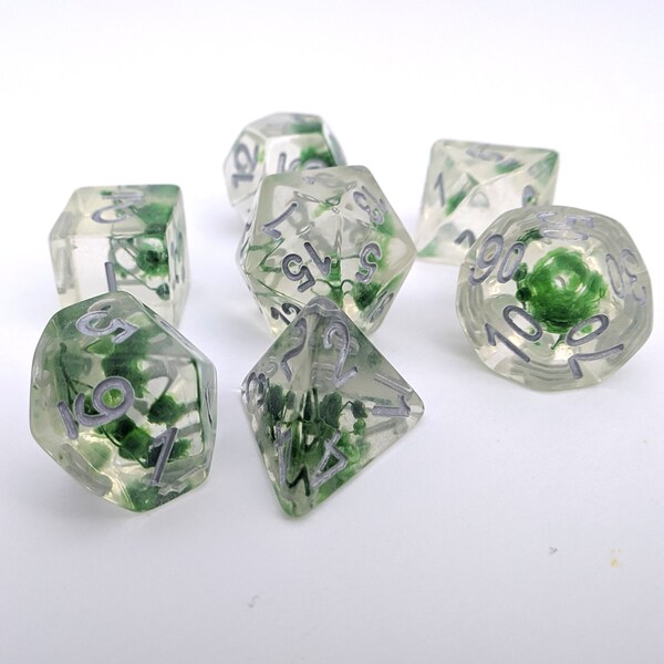 Baby's Breath DnD Dice Set, Polyhedral dice, D&D dice, Dungeons and Dragons, Table Top Role Playing Dice. Green flower with silver font Dice