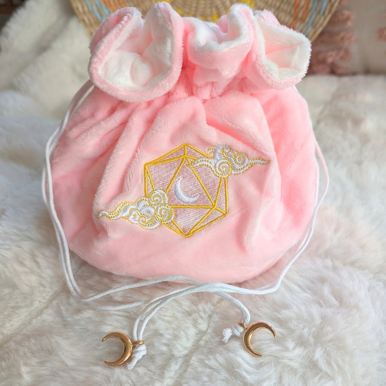 Dreamy Multi pocket dice bag. Transportable dice storage for TTRPG dice and miniatures. D20 moon and clouds embroidered dice bag in pink image 8