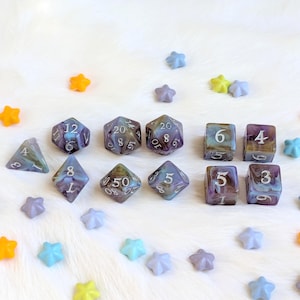 Mystic Riptide 11pc Dice Set – Blue, Purple & Orange Marbled Resin with Silver Font – Extra D20s and D6s – DnD and TTRPG Dice