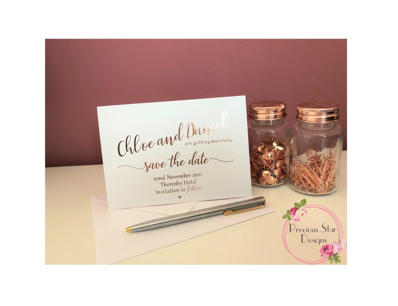 Wedding Stationery Various Foil Colours Available. White Card Personalised Foil Save The Date