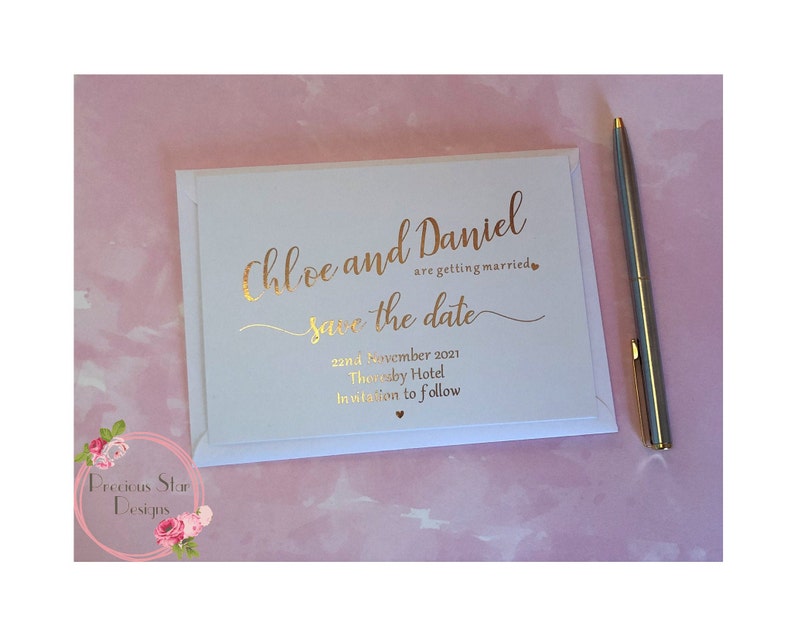 Wedding Stationery Various Foil Colours Available. White Card Personalised Foil Save The Date