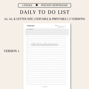 Peut inclure: Un modèle de liste de tâches quotidiennes imprimable en noir et blanc. Le modèle comprend une section pour les priorités principales et une section pour les tâches quotidiennes. Le modèle est disponible en trois tailles : A4, A5 et lettre. Le modèle est modifiable et imprimable.