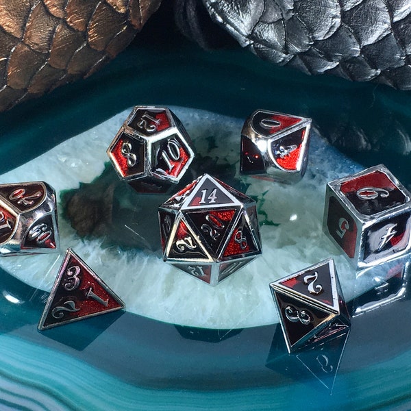 D&D Black + Red Mixed on Silver METAL Dice 7 Piece Set + Bag d20 d12 d10 d8 d6 d4 DnD RPG Role Playing Games Dungeons and Dragons Polyhedral