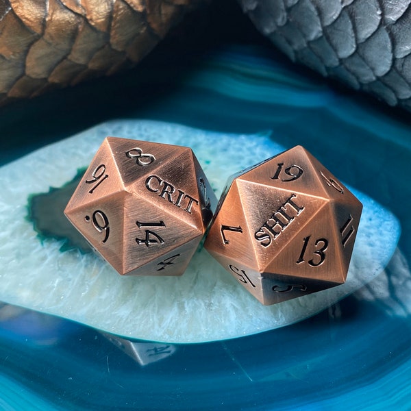 D&D CRIT/SHIT Single d20 Die Polished Copper Metal 25mm and Bag - One Heavy Solid Metal d20 - DnD RPG Games Dungeons and Dragons Metal Dice