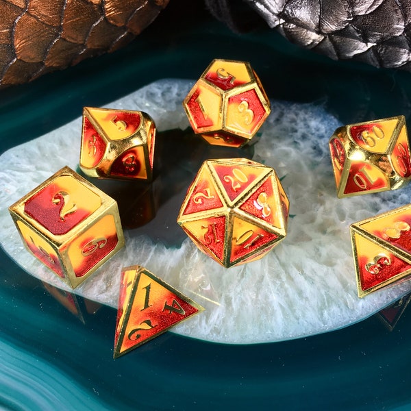 D&D Molten Lava Red + Orange Mixed on Gold METAL Dice 7 Piece Set + Bag d20 d6  DnD RPG Role Playing Games Dungeons and Dragons Polyhedral