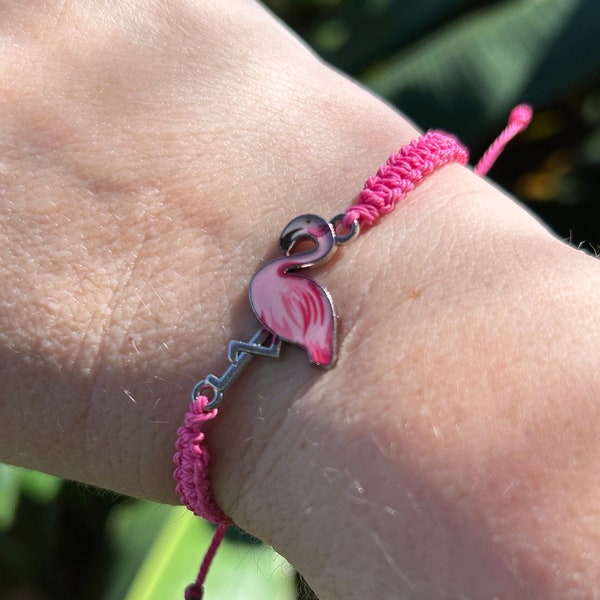 Pink Flamingo Macrame Adjustable Bracelet - Waxed Cord Bracelet - Flamingo Bracelet - Friendship Flamingo Jewelry - Girls Trip Beach Jewelry