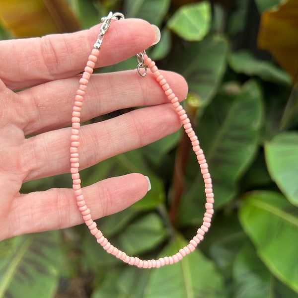 Salmon Pink Beaded Anklet - Salmon Pink Beaded Ankle Bracelet - Beach Anklet - Summer Anklet - Surfer Anklet - Salmon Jewelry