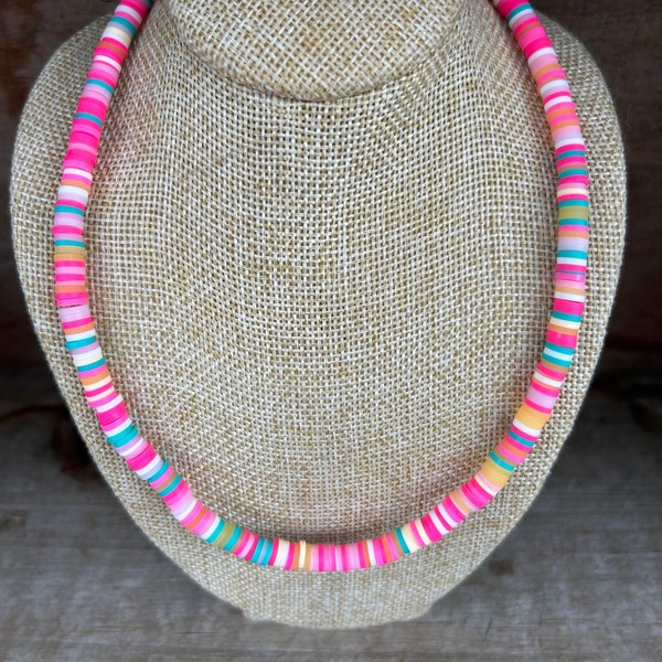 Hot Pink Teal & White Heishi Beaded Choker - Heishi Beaded Beach Surfer Necklace - Ice Cream Shop