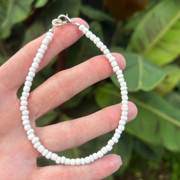 White Beaded Seed Bead Anklet - White Ankle  Bracelet - Beach Anklet - Summer Anklet - Surfer Anklet