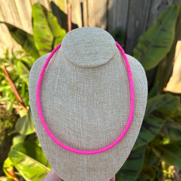 Hot Pink Heishi Beaded Necklace - Heishi Beaded Choker - Rubber Disc Necklace - Surfer Necklace - Hot Pink Necklace - Hot Pink Choker