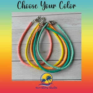 May include: Five colorful bracelets made of small, round beads. The bracelets are in shades of pink, yellow, orange, and green. The bracelets are arranged in a circle on a wooden surface. The text "Choose Your Color" is at the top of the image. The text "Son Shine Shells" is at the bottom of the image.