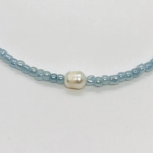 Light Blue Freshwater Pearl Necklace - Fresh Water Pearl - Beach Choker - Pearl Necklace - Beach Jewelry - Blue Pearl - Surfer Necklace