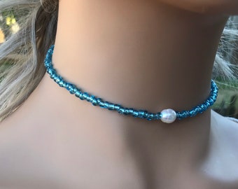 Aqua Freshwater Pearl Choker - Teal Freshwater Pearl Necklace - Beaded Choker - Freshwater Pearl