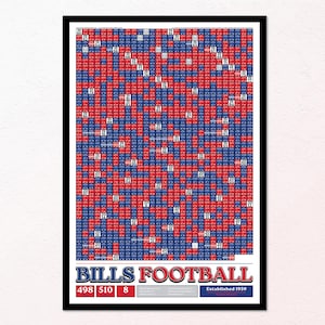 Könnte beinhalten: Ein gerahmtes Poster mit einem Raster aus roten und blauen Quadraten, das die Ergebnisse der Buffalo Bills Football-Spiele von 1960 bis 2023 darstellt. Der untere Bereich zeigt den Text BILLS FOOTBALL, Established 1959, sowie 498 Siege, 510 Niederlagen und 8 Unentschieden.