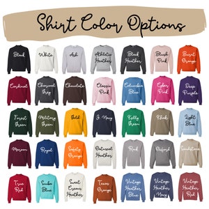 May include: A chart of 36 different sweatshirt colors, each with a name written in white text. The colors include black, white, ash, athletic heather, black heather, blush pink, burnt orange, cardinal, charcoal grey, chocolate, classic pink, columbia blue, cyber pink, deep purple, forest green, military green, gold, j. navy, kelly green, khaki, light blue, maroon, royal, safety orange, oatmeal heather, rock, oxford, sandstone, true red, scuba blue, sweet cream heather, texas orange, vintage heather blue, vintage heather navy, and vintage heather red.