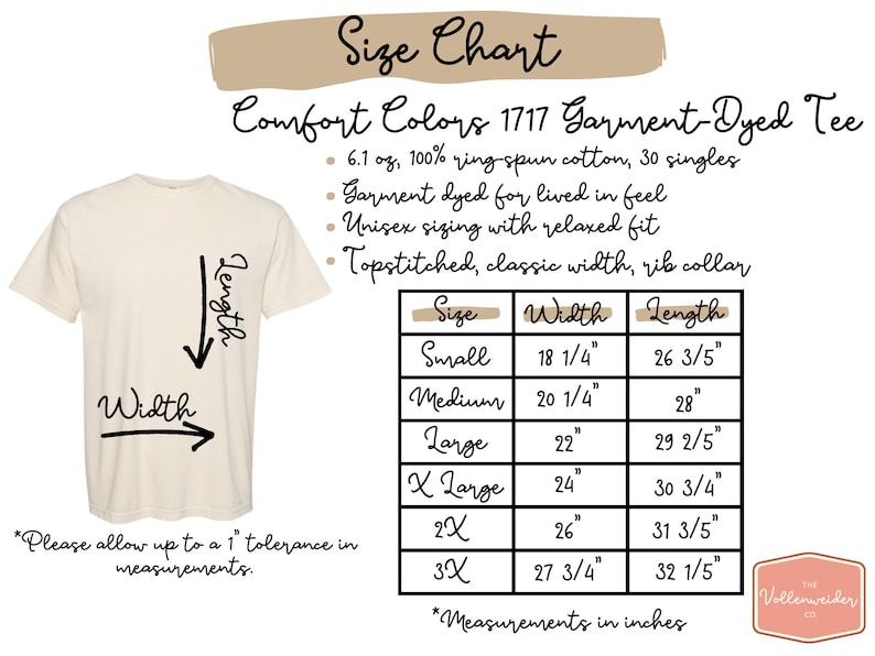 May include: Cream-colored t-shirt with a size chart. The chart details measurements in inches for sizes Small to 3X, including width and length. The shirt is made of 100% ring-spun cotton and is garment-dyed.