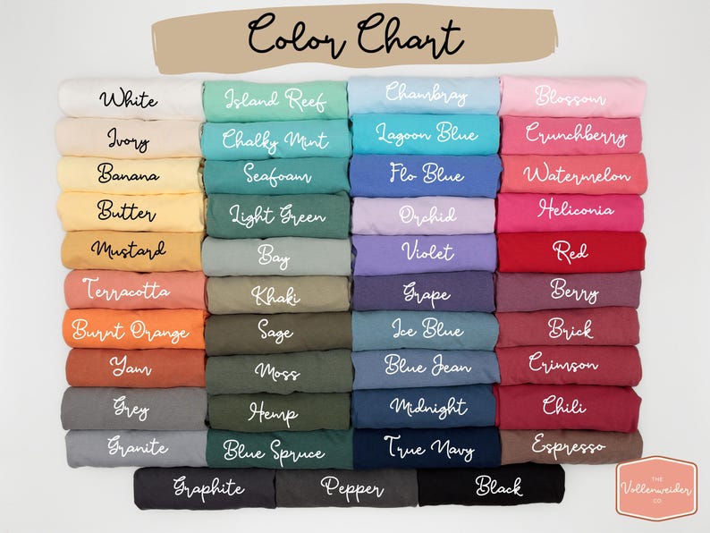 May include: A color chart displays a variety of fabric colors, including white, ivory, and black. The chart includes the text "Color Chart" in cursive script. The colors are arranged in rows and columns, with each color labeled with its name.