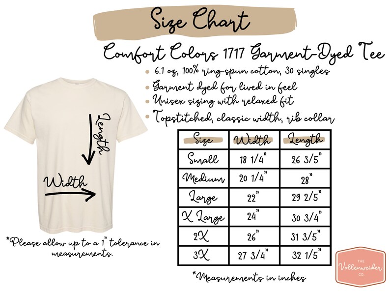 May include: Cream-colored t-shirt with a size chart. The chart details measurements in inches for sizes Small to 3X, including width and length. The text includes "Comfort Colors 1717 Garment-Dyed Tee" and "Unisex sizing with relaxed fit."