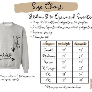 May include: A light grey crewneck sweatshirt size chart for the Gildan G180 model. The image includes a grey sweatshirt with length and width indicators, plus a table detailing sizes from Small to 3X with measurements provided in inches as specified.