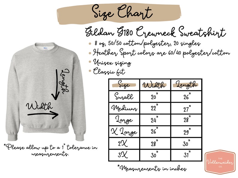 May include: A light grey crewneck sweatshirt size chart for the Gildan G180 model. The image includes a grey sweatshirt with length and width indicators, plus a table detailing sizes from Small to 3X with measurements provided in inches as specified.