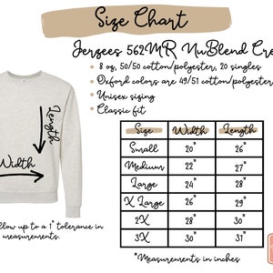 May include: Size chart for a unisex crewneck sweatshirt made from a blend of cotton and polyester. The chart shows the width and length measurements in inches for sizes small through 3X.