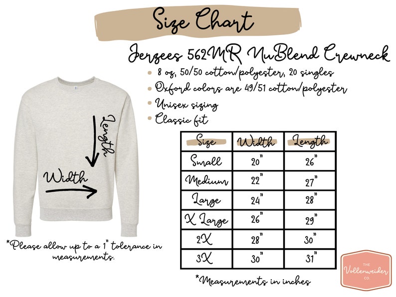 May include: Size chart for a unisex crewneck sweatshirt made from a blend of cotton and polyester. The chart shows the width and length measurements in inches for sizes small through 3X.