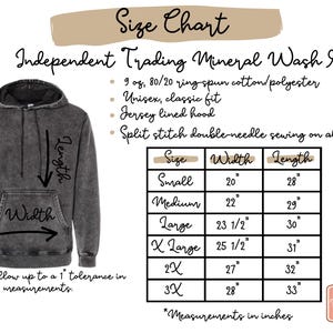 May include: A gray mineral wash hoodie with a front pocket and hood. The image includes a size chart with measurements in inches, detailing width and length for sizes small through 3X. The text reads "Independent Trading Mineral Wash Hoodie."