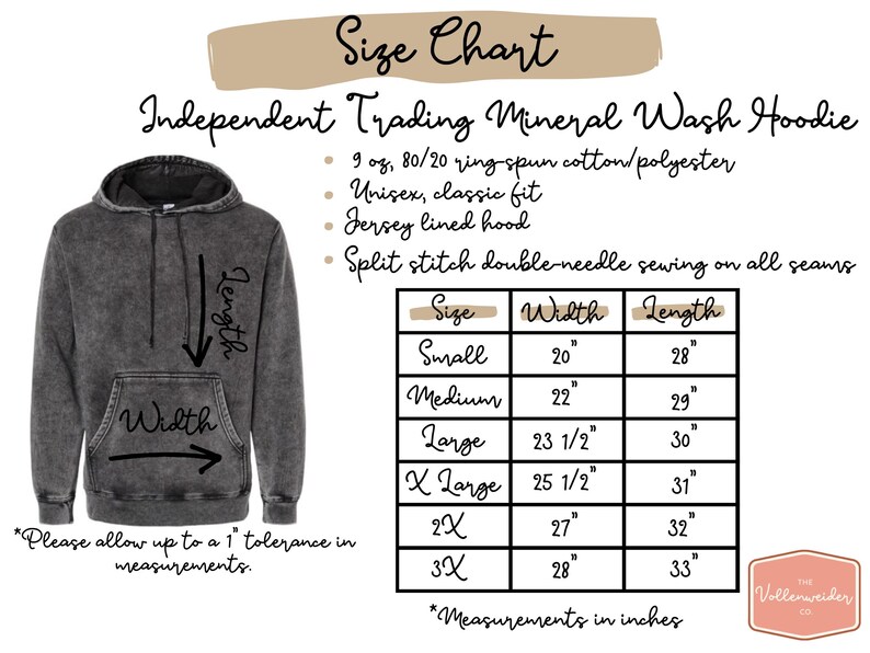May include: A gray mineral wash hoodie with a front pocket and hood. The image includes a size chart with measurements in inches, detailing width and length for sizes small through 3X. The text reads "Independent Trading Mineral Wash Hoodie."