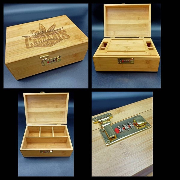 Personalized Gift- Large Cannabis / Weed - Bamboo Wood Stash Box With Combo Lock & Bamboo Rolling Tray. Weed / Cannabis Accessories 420