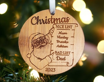 Personalised Christmas Bauble Made From Bamboo - Personalised Christmas Decoration With Santa&#39;s Nice List & Bad List - Family Christmas Gift