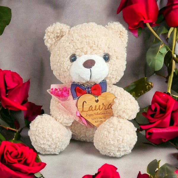 Valentines Day Gift For Her - Plush Teddy Bear In A Bag With A Personalised Bamboo Heart - The Perfect Gift For Women This Valentines Day