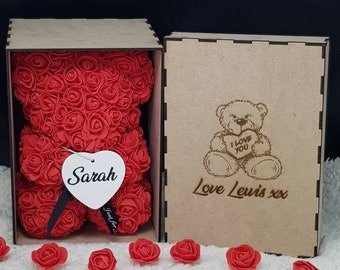 Valentines Day Gift For Her Flower Bear. Personalised Rose Teddy Bear. Valentines Day Gift For him. Add A Box, Add a photo or name.