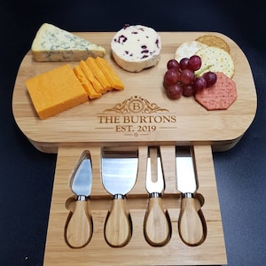 Wedding Anniversary Gift For Couples Personalised Cheese Board And Accessories . Wedding Established. Custom Cheese Board. Wedding Gifts. image 1