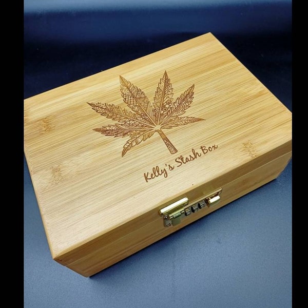 Personalized Gift- Large Cannabis / Weed - Bamboo Wood Stash Box With Combo Lock & Bamboo Rolling Tray. Weed / Cannabis Accessories 420