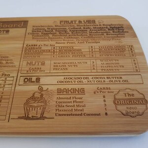 May include: A wooden cutting board with a laser-engraved design. The board features a list of fruits, vegetables, nuts, and oils with their corresponding carbohydrate content per serving. The board also includes a section for baking ingredients with their carbohydrate content per 100 grams. The text "The Original Keto Board" is engraved on the board.