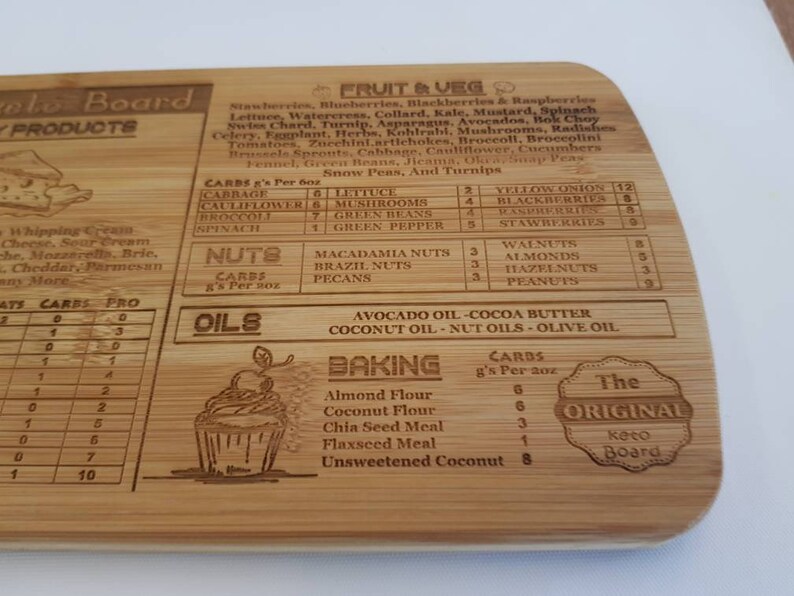May include: A wooden cutting board with a laser-engraved design. The board features a list of fruits, vegetables, nuts, and oils with their corresponding carbohydrate content per serving. The board also includes a section for baking ingredients with their carbohydrate content per 100 grams. The text "The Original Keto Board" is engraved on the board.