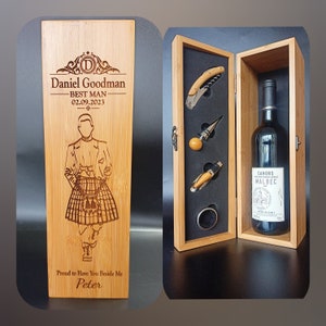 Personalised Wine Box for Best Man, Groomsmen & Ushers With Scottish Kilt Inspired Design - The Perfect Wedding Thank You Gift