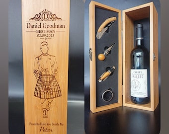 Personalised Wine Box for Best Man, Groomsmen & Ushers With Scottish Kilt Inspired Design - The Perfect Wedding Thank You Gift