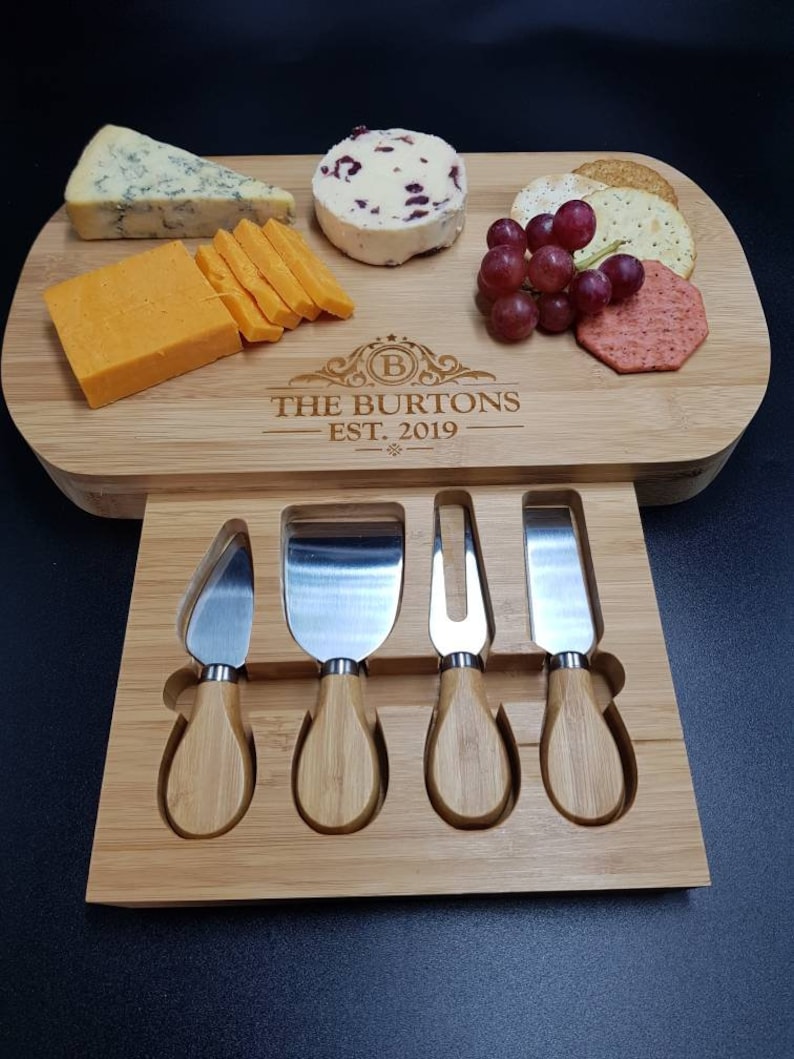 Wedding Anniversary Gift For Couples Personalised Cheese Board And Accessories . Wedding Established. Custom Cheese Board. Wedding Gifts. image 3