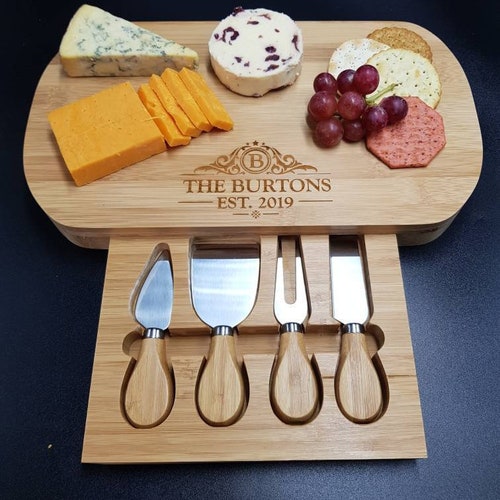 Wedding Anniversary Gift For Couples Personalised Cheese Board And Accessories . Wedding Established. Custom Cheese Board. Wedding Gifts.