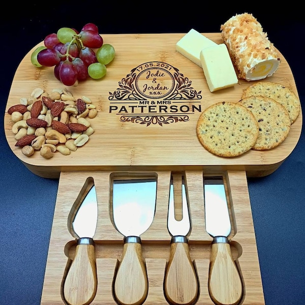 Personalised Cheese Board And Accessories . Wedding Established. Custom Cheeseboard. Wedding Anniversary Gift For Couples. Wedding Gifts.