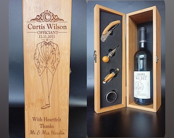 Gifts For Officiant - Personalised Bamboo Wine Box With Tools - The Perfect Personalised Thank You Gift For Officiant At Wedding