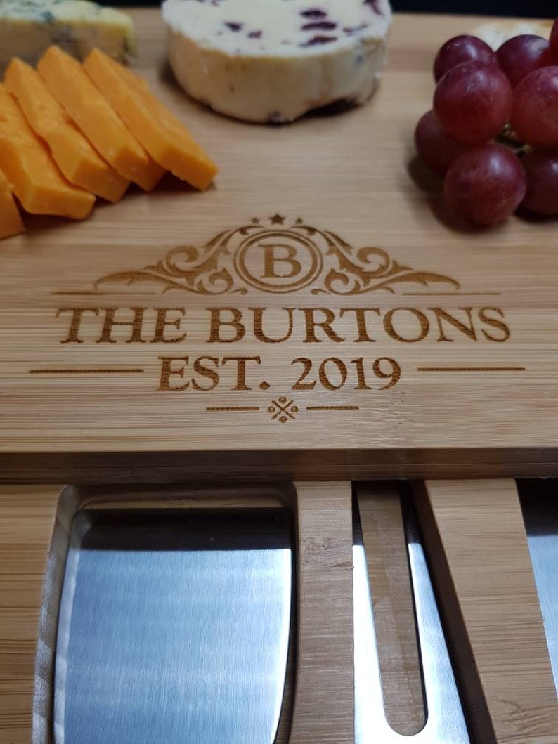 Wedding Anniversary Gift For Couples Personalised Cheese Board And Accessories . Wedding Established. Custom Cheese Board. Wedding Gifts. Design 1