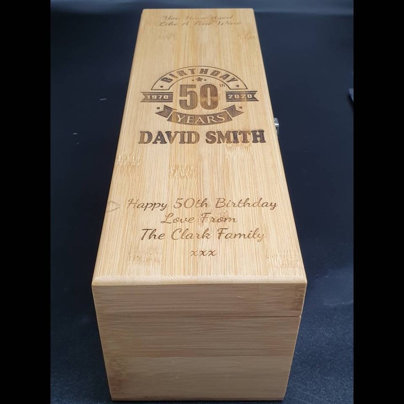 50th Birthday Gift For Women / Men . Personalised Bamboo Wine Box With Tools. Gifts For Mom / Dad . Personalized gift Best selling Items zdjęcie 9