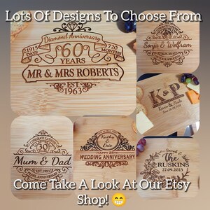 May include: A collage of six different wooden cutting boards with personalized engravings. The boards feature various designs and messages, including "Diamond Anniversary", "Mum & Dad", "Happy 25th Wedding Anniversary", "Congratulations Sonja & Wolfram", "K&P Kevin & Paula", and "Sarah & Jake The Ruskins".