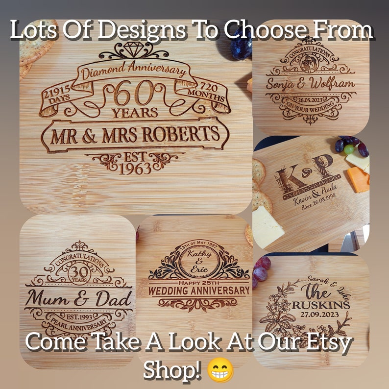 May include: A collage of six different wooden cutting boards with personalized engravings. The boards feature various designs and messages, including "Diamond Anniversary", "Mum & Dad", "Happy 25th Wedding Anniversary", "Congratulations Sonja & Wolfram", "K&P Kevin & Paula", and "Sarah & Jake The Ruskins".
