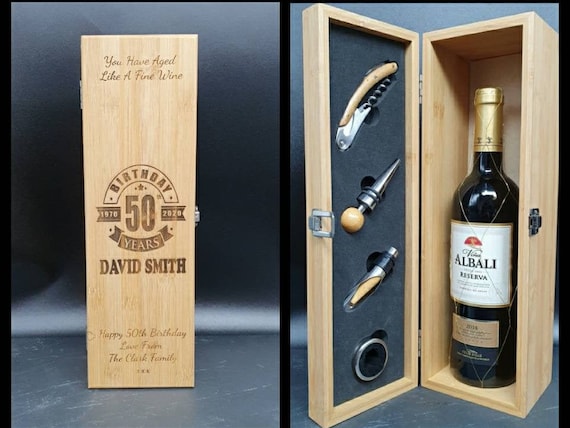 50th Birthday Gift for Women Men . Personalised Bamboo Wine Box