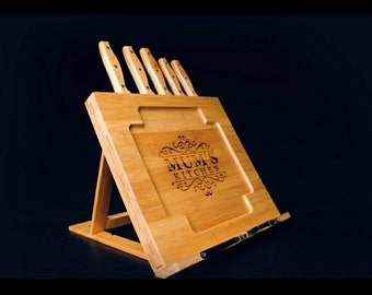 Mothers Day Gift - Gift For Her - Engraved & Personalized Bamboo Cookbook Stand With Tablet / Ipad Holder Including 5 knives. Kitchen Decor